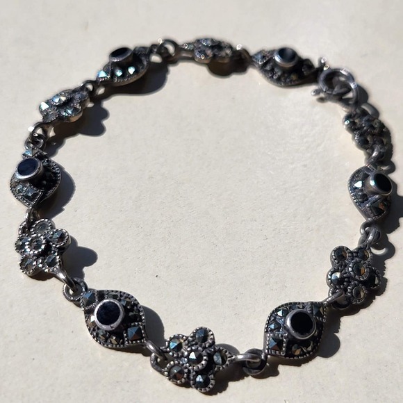 Jewelry - Vintage 925 Sterling Silver Black Onyx Marcasite Panel Link Bracelet Art Deco